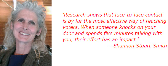 'Research shows that face-to-face contact is by far the most effective way of reaching voters. When someone knocks on your door and spends five minutes talking with you, their effort has an impact.' -- Shannon Stuart-Smith